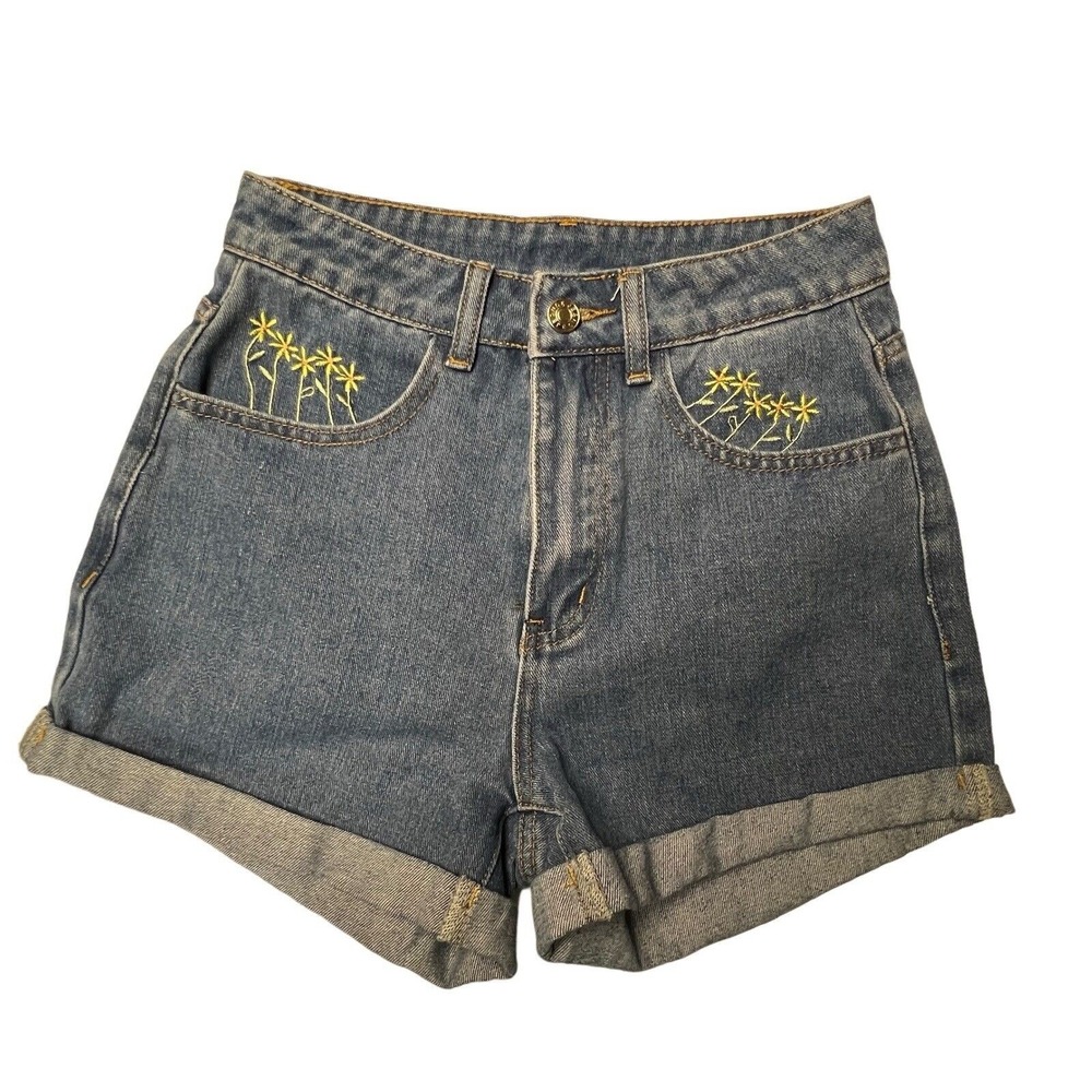 Romwe Denim Jean Shorts XS Blue High‎ Rise Cuffed Floral Embroidery Casual Boho - Picture 2 of 9